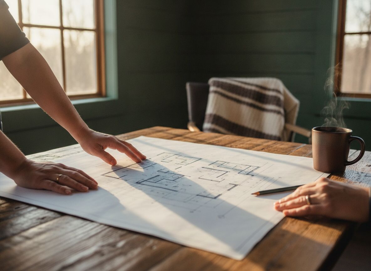 Reviewing cabin construction plans on a rustic wood table
