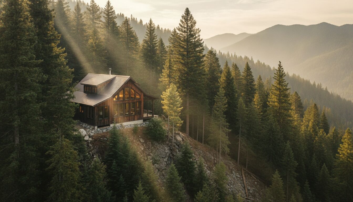 Barndominium and cabin on a mountainside at golden hour